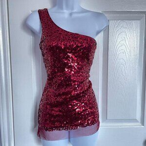 sequined red one shoulder blouse